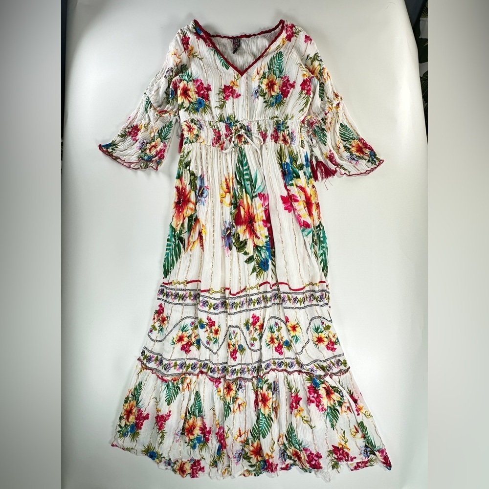 Me 2 Magic Boho Viscose Floral Smocked Waist Midi Dress Size L - Picture 2 of 16
